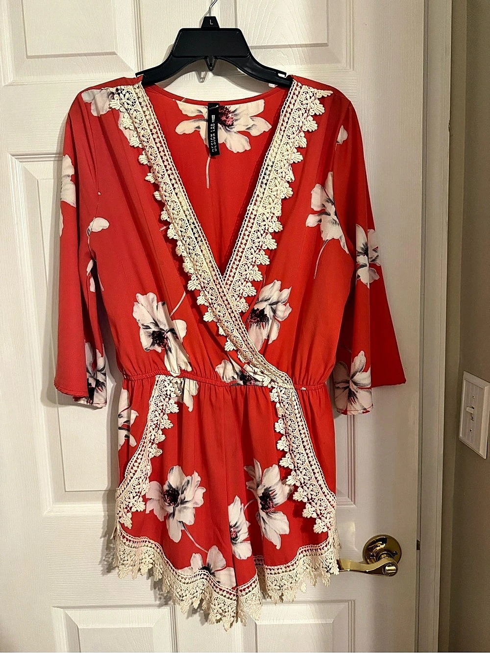 Floral Wrap Romper in Red & White Size Medium